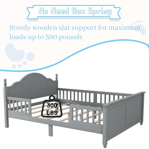 Full Size Kids Bed Frame with Removable Guardrails, Low Profile, Gray | 3 guardrail setups: all installed, front removed or all removed; 8 slats; 6-inch mattress sold separately; no box spring - color: Grey, size: Full