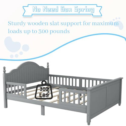 Full Size Kids Bed Frame with Removable Guardrails, Low Profile, Gray | 3 guardrail setups: all installed, front removed or all removed; 8 slats; 6-inch mattress sold separately; no box spring - color: Grey, size: Full