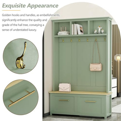 JIVOIT 4-in-1 Entryway Hall Tree with Brown Wood Grain Storage Bench, Wood Entryway Coat Hanger Hall Tree with 6 Golden Hooks, 2 Drawers, Coat Rack for Living Room, Hallway - color: Mint Green/31