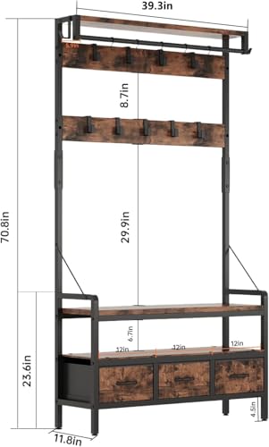Hall Tree with Bench and Shoe Storage, Freestanding Entryway Coat Rack with 3 Fabric Drawers, 16 Hooks