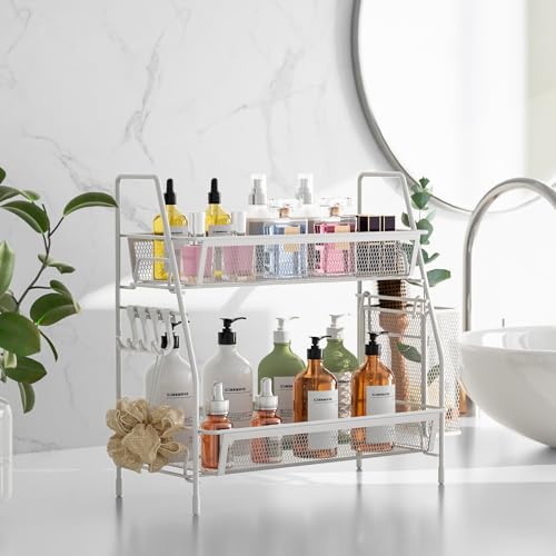 2 Tier Bathroom Countertop Organizer, Vanity Storage Shelf, Small, White | Bathroom Counter Organizer, Vanity Makeup Tray Shelf, Kitchen Spice Rack, Metal Wire Mesh, with Basket Hooks - color: Small White Wire Mesh