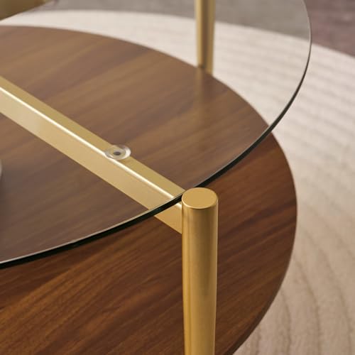LumFurn Round Coffee Table, Mid-Century Modern Design, D30“ x H17”, for Living Room, 2-Tier Structure, Clear Glass Top and Walnut MDF Shelf, Sleek Conical Metal Legs with Gold Finish - color: D30" Clear & Walnut