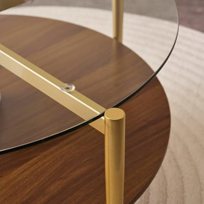 LumFurn Round Coffee Table, Mid-Century Modern Design, D30“ x H17”, for Living Room, 2-Tier Structure, Clear Glass Top and Walnut MDF Shelf, Sleek Conical Metal Legs with Gold Finish - color: D30" Clear & Walnut