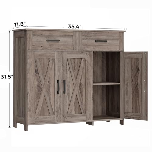Homhedy Coffee Bar Storage Cabinet with Drawers, Kitchen Buffet Cabinet | Sideboard Cabinet with Doors, Farmhouse Buffet Cabinet, Adjustable Shelves, for Kitchen / Dining / Living Room, Greige - color: Greige