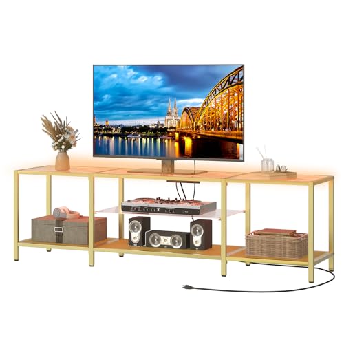 HOOBRO TV Stand with LED Lights and Power Outlets for TVs up to 75", Modern 70.9 Inch Tempered Glass TV Console Table with Open Shelves, Media Entertainment Center for Living Room, Gold GD185UDS01 - size: 70.9 Inch