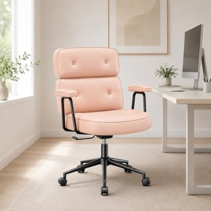 Ergonomic Home Office Desk Chair, PU Leather Computer Chair with Lumbar Support, Adjustable Height, 360° Swivel Rolling Wheels, Executive Task Chair for Office, Gaming, Meeting Room, Pink - color: Pink-standard Mid Back