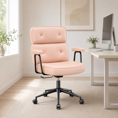 Ergonomic Home Office Desk Chair, PU Leather Computer Chair with Lumbar Support, Adjustable Height, 360° Swivel Rolling Wheels, Executive Task Chair for Office, Gaming, Meeting Room, Pink - color: Pink-standard Mid Back