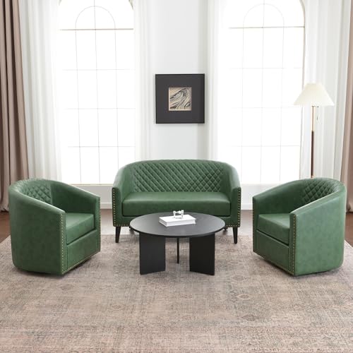KINWELL 50" Faux Leather Loveseat with 2 Swivel Barrel Accent Chairs, Green | PU Upholstered Tufted Minimalist 2-Seater Couch Sofa and Set of 2 Vegan Leather Swivel Armchairs for Small Spaces Apartment - color: Green, style: 2 Chairs + Loveseat