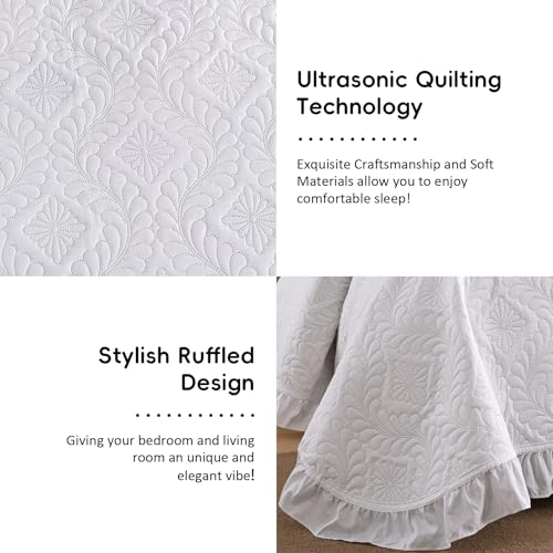 DJY Queen Size Quilt Sets, White Bedspreads, Ruffled Bedding Set | Lightweight Modern Pattern Coverlets, Bed Cover for All Seasons, 96''x90''- 3 Piece (1 Quilt, 2 Pillow Shams) - color: White, size: Queen
