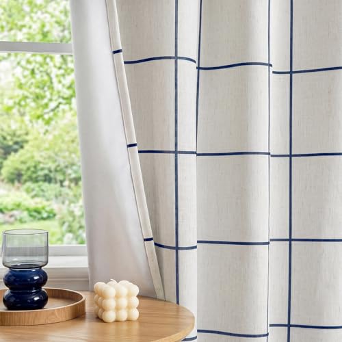 MYSKY HOME 100% Blackout Plaid Linen Curtains 63 Inches Long 2 Panels Double Layer Farmhouse Thermal Insulated Checkered Print Grommet Drapes for Living Room Bedroom, 2 Pcs, 52" Wide, Navy Blue - color: Navy Blue, size: 52"W x 63"L (Pack of 2)
