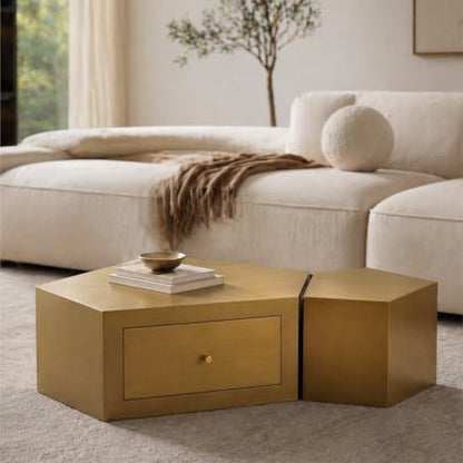 Geometric Nesting Coffee Table Set of 2 with Drawer, Gold | 33.15"&14.57", Modular Nesting Table, Drawer Storage, Faceted Polyhedral Artisan Center Table, No Need Assembled, Living Room - color: 33.15" & 14.57" Geometric Nesting Coffee Table