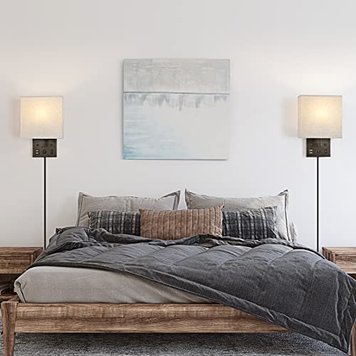 YBING Bedside Wall Lamp Set of 2, Modern Wall Sconces with Plug in Cord Nightstand Wall Lamps with Dual USB and AC Outlet Black Wall Lamps for Bedroom Living Room (2 Bulbs Included)