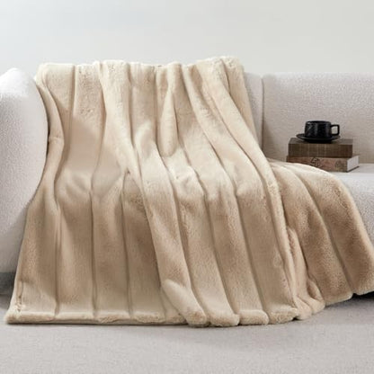 Cozy Bliss Deluxe Sheared Rabbit Faux Fur Throw Blanket, Soft Fuzzy High-Low Sculpted Plush Blanket for Couch, Cozy Home Accent, All Season Use, Khaki 50"x60" - color: Khaki, size: Throw(50" x 60")