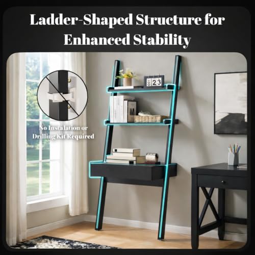 Home Office Desk with Ladder Shelf & Drawer, Computer Writing Desk with Storage Shelves, Modern Small Desk for Bedroom Study