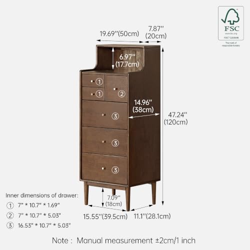 100% Solid Wood Nightstand, 6 Drawer Walnut Side Table with Open Shelve, Tall Nightstand for Small Spaces, Living Room, Bedroom, Hallway(Walnut, 19" W x 15" D x 47" H) - color: Walnut, size: 47" H