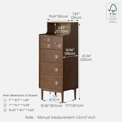 100% Solid Wood Nightstand, 6 Drawer Walnut Side Table with Open Shelve, Tall Nightstand for Small Spaces, Living Room, Bedroom, Hallway(Walnut, 19" W x 15" D x 47" H) - color: Walnut, size: 47" H