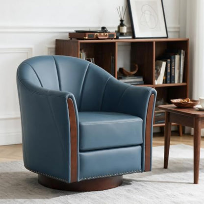 360° Swivel Accent Chair, Faux Leather Swivel Barrel Chairs | Nailhead Trim & Wood Base, Round Armchair Club Chair, Modern Reading Chairs for Living Room (BX01, Wood Blue) - color: Wood Blue