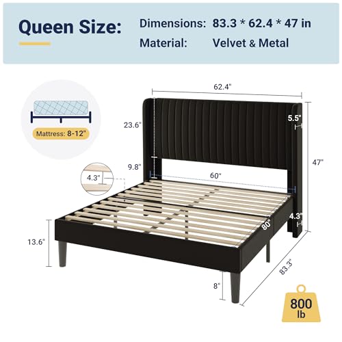 Allewie Queen Size Velvet Bed Frame/Vertical Channel Tufted Wingback Headboard/Upholstered Platform Bed/Strong Wooden Slats/No Box Spring Needed/Easy Assembly/Black - color: Black, size: Queen