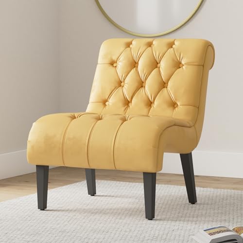 Comfy Velvet Accent Chair Set of 2, Tufted Armless Chair with Rolled Edge | Modern Small Lounger for Living Room, Upholstered Reading Chaise Lounge with Solid Rubber Wood Legs, Yellow - color: Yellow, size: Set of 2