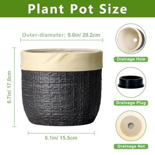 8 Inch Planter, Ceramic Pots for Plants, Round Flower Pot, Black | Decorative Plant Pots for Indoor Plants, Boho Planter with Drainage Hole, Apartment Decor, Gardening Gifts for Women - color: Black, size: 8 Inch