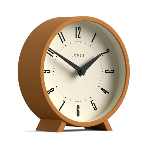JONES CLOCKS® Venus Desk Clock | Modern Round Design | Mustard Yellow | Stylish Retro Look for Shelf, Table, Mantel or Bedside - color: Mustard Yellow