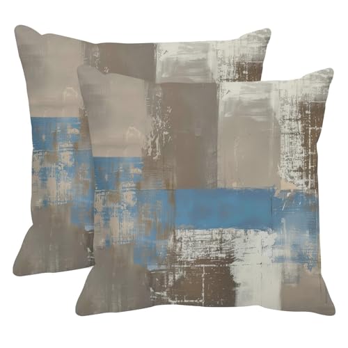 Throw Pillow Covers Set of 2, 18 x 18 Inch, Brown Beige Blue | Abstract Modern Art Outdoor Decorative Square Pillow Cases Couch Cushion Case for Couch Bed Sofa Living Room Home Decor - color: Blue Brown, size: 18" x 18" (Pack of 2)