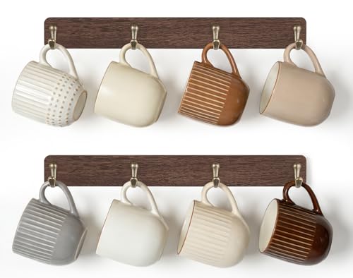 Mkono Wall Mug Holder, Wooden Coffee Cup Hanger Rack with 8 Hooks, Brown | 2 Pcs Storage and Display Mug Shelf, Space Saving, Easy Install, Durable Metal Hooks, Kitchen Dining Coffee Bar Organizer