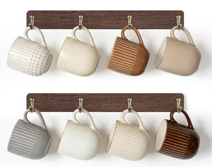 Mkono Wall Mug Holder, Wooden Coffee Cup Hanger Rack with 8 Hooks, Brown | 2 Pcs Storage and Display Mug Shelf, Space Saving, Easy Install, Durable Metal Hooks, Kitchen Dining Coffee Bar Organizer