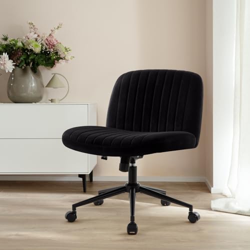 IWMH Criss Cross Office Chair with Wheels Cross Legged Desk Chair Armless | Black Computer Chair Vanity Chair Wide Seat Swivel Task Chair for Home Office Bedroom Make Up Small Space Height Adjustable - color: Black With Wheels