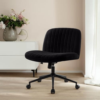 IWMH Criss Cross Office Chair with Wheels Cross Legged Desk Chair Armless | Black Computer Chair Vanity Chair Wide Seat Swivel Task Chair for Home Office Bedroom Make Up Small Space Height Adjustable - color: Black With Wheels