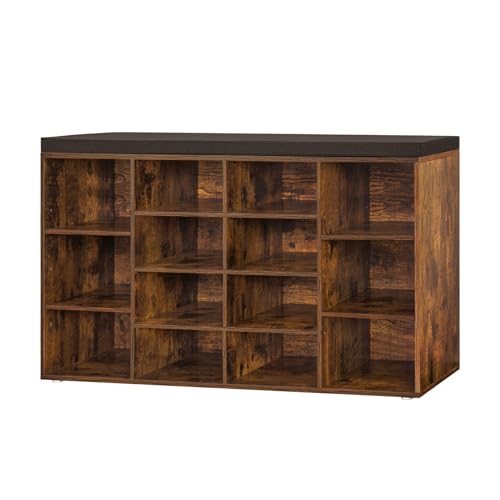 Shoe Storage Bench with Cushion, 14-Cubby Shoe Rack with Seat | 40.9"L Entryway Shoe Organizer Bench, Adjustable Shelves for Boots, Removable Washable Cushion, Closet/Hallway, Rustic Brown - color: Rustic Brown, size: 14 Cubby