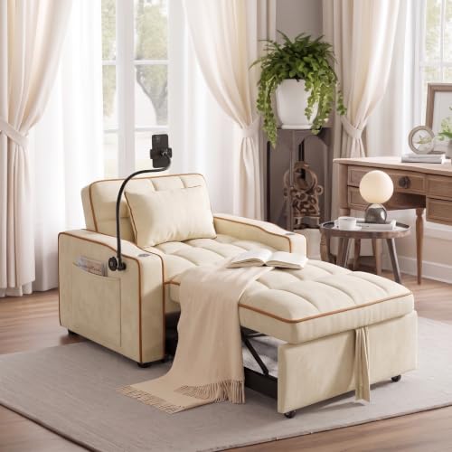 Sleeper Chair with USB Port, 3 In1 Pull Out Sofa Bed, White | Adjustable Backrest,Soft Cushioning,Handy Side Pocket,Cup Holders,Phone Holder - color: D-white-g2