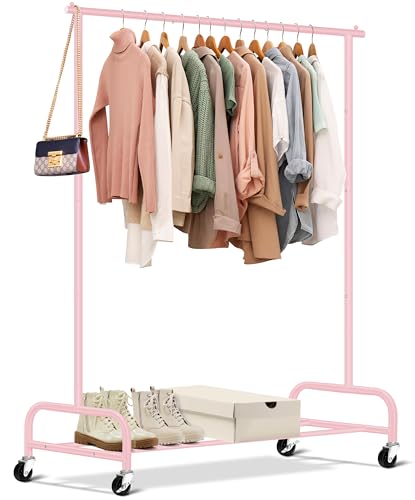 SLEEPING LAMB Heavy Duty Clothing Racks for Hanging Clothes Rack, 43" Wide Rolling Garment Rack Metal Clothing Hanger Rack with Wheels Wardrobe Rack for Coats, Shirts, Dress (Pink) - color: Pink, style: Single Rod