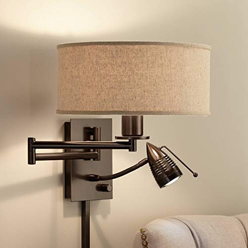 Radix Swing Arm Wall Lamp with LED Reading Modern Light Fixture | Adjustable Cord Bronze Plug-In Oatmeal Fabric Drum Shade Bedroom Bedside House Living Room Home Hallway Dining - color: Bronze