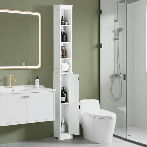 VECELO Tall Narrow Storage Cabinet with Adjustable Shelves, Slim Freestanding Bathroom Cabinet with Toilet Paper Holder, Magnetic Door, for Small Spaces, 7.9" D x 7.9" W x 71" H, Pearl White - color: Shelf Top