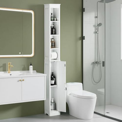 VECELO Tall Narrow Storage Cabinet with Adjustable Shelves, Slim Freestanding Bathroom Cabinet with Toilet Paper Holder, Magnetic Door, for Small Spaces, 7.9" D x 7.9" W x 71" H, Pearl White - color: Shelf Top