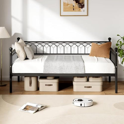 IDEALHOUSE Twin Size Daybed, Sofa Bed Frame with Metal Steel Slat Support, Heavy Duty Metal Bed Frame, Space Saving, Easy Assembly, for Small Spaces, Living Room, Bedroom, Apartment, Black | Pull-Out Trundle, Space-Saving, Metal Frame, Living Room, Bedroo