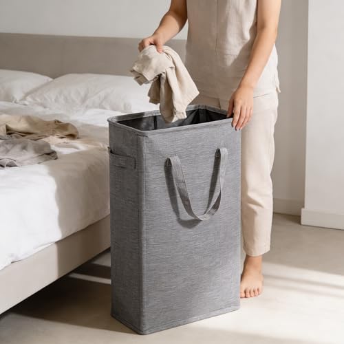 ZJL Narrow Laundry Hamper, Skinny Laundry Basket, 45L Dark Grey, 24" | Slim Laundry hamper for Small Spaces laundry bag with handle, Foldable clothes hampers for laundry basket organizer - color: Dark Gray- With Handles