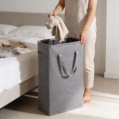 ZJL Narrow Laundry Hamper, Skinny Laundry Basket, 45L Dark Grey, 24" | Slim Laundry hamper for Small Spaces laundry bag with handle, Foldable clothes hampers for laundry basket organizer - color: Dark Gray- With Handles