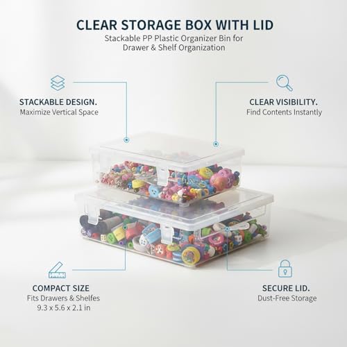 Stackable Clear Plastic Storage Bins with Lids, Transparent PP Organizer Boxes for Drawers, Shelves, and Desktops - size: 10.2 x 6.81 x 2.44 in