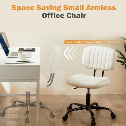 YSSOA Small Office Desk Chair Comfy Computer Chair with Ergonomic Low Back Lumbar Support, Height Adjustable Armless PU Leather Vanity Stool 360° Swivel Rolling Chair for Home Bedroom, White - color: White