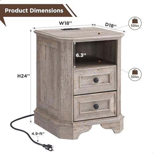 T4TREAM Farmhouse Nightstand with Charging Station, 18" End Table with 2 Drawers, Wood Side Table, Bedside Cabinet for Bedroom, Living Room (Light Rustic Oak) - color: Light Rustic Oak