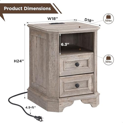 T4TREAM Farmhouse Nightstand with Charging Station, 18" End Table with 2 Drawers, Wood Side Table, Bedside Cabinet for Bedroom, Living Room (Light Rustic Oak) - color: Light Rustic Oak