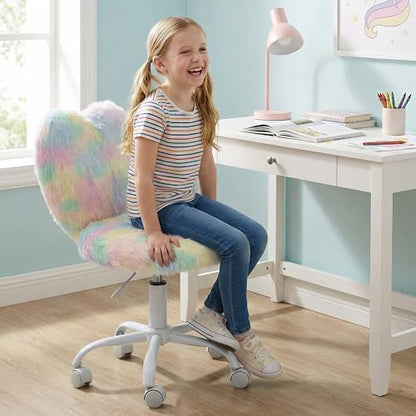 chairus Kids Desk Chair Faux Fur Small Study Chair for Teenage Girls, Adjustable Heart Shaped Kids Vanity Chair for Bedroom Reading Living Room, Cute Student Task Chair with White Foot, Macaron - color: Macaron