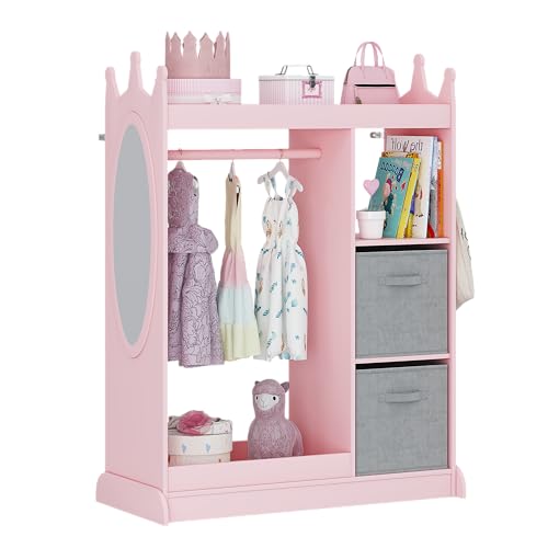 UTEX Kids Armoire Wardrobe Closet with Mirror and Storage Bin, Pink, 33.4 in W x 15.75 in D x 44.5 in H | See and Store Kids Wardrobe, Toddler Dress Up Rack, Open Hanging Armoire Closet, Water-based Paint, Princess Style - color: Pink