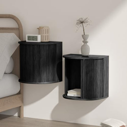 Floating Nightstand Set of 2 with Sliding Roller Shutter Doors,Black-06 | Set of 2 Floating Nightstands,Smooth Sliding Roller Shutters Hide Clutter.Curved Rounded Edges,Space-saving. - color: Floating Nightstand-black