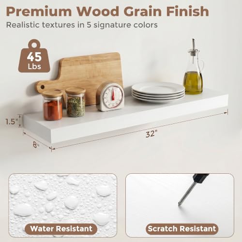8 inch Deep Floating Shelves for Wall, 32" Wide, White Finish, 2-Pack | Engineered Wood Wall Shelves with Invisible Brackets for Living Room, Bedroom, Bathroom, Office & Kitchen Storage - color: White Finish, size: 32"W x 8"D, 2p