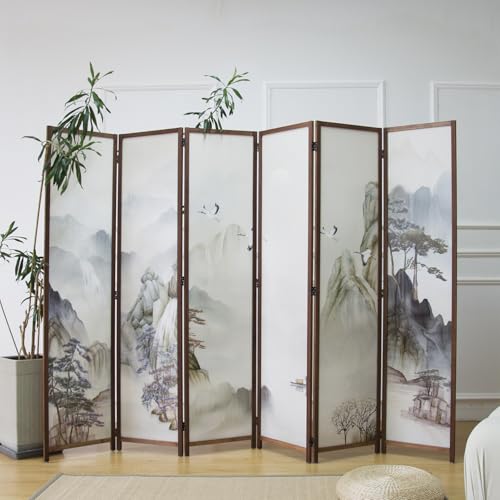 6 Panel Room Divider Screen,Double Faced Room Divider Folding Wall Divider for Room Separation,Mountains and Waters Landscape,67" H x 94.5" W - color: Mountains and Waters, size: 6 Panel