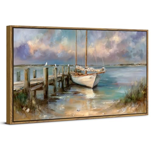 Beach Boat Wall Art Framed Coastal Ocean Landscape Bathroom Wall Decor Vintage Classical Nautical Artwork Abstract Picture Canvas Prints Seascape Seagull Artwork Living Room Home Decorations 20x40 - color: Boat, size: 20"L x 40"W