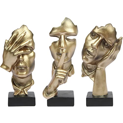 prosfalt 3 Pcs Thinker Statue, Silence is Gold Abstract Art Figurine, No Hear No See No Speak Modern Home Resin Sculptures Decorative Objects Decor for Home Office Bookshelf Desktop(Gold), A-41 - color: 3 Pcs Gold